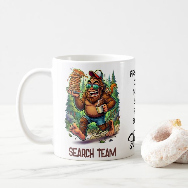 Happy Bigfoot Sasquatch Search Team Coffee Mug (With Donut)