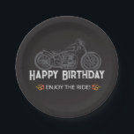 Happy Biker Birthday Motorcycle Rider Paper Plate<br><div class="desc">Happy Birthday party for motorcycle riders with a motorcycle silhouette and the slogan "Enjoy the Ride" with orange flames.  White and grey on black background for a unique biker party plate.</div>