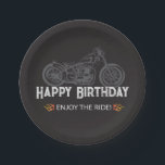 Happy Biker Birthday Motorcycle Rider Paper Plate<br><div class="desc">Happy Birthday party for motorcycle riders with a motorcycle silhouette and the slogan "Enjoy the Ride" with orange flames.  White and grey on black background for a unique biker party plate.</div>