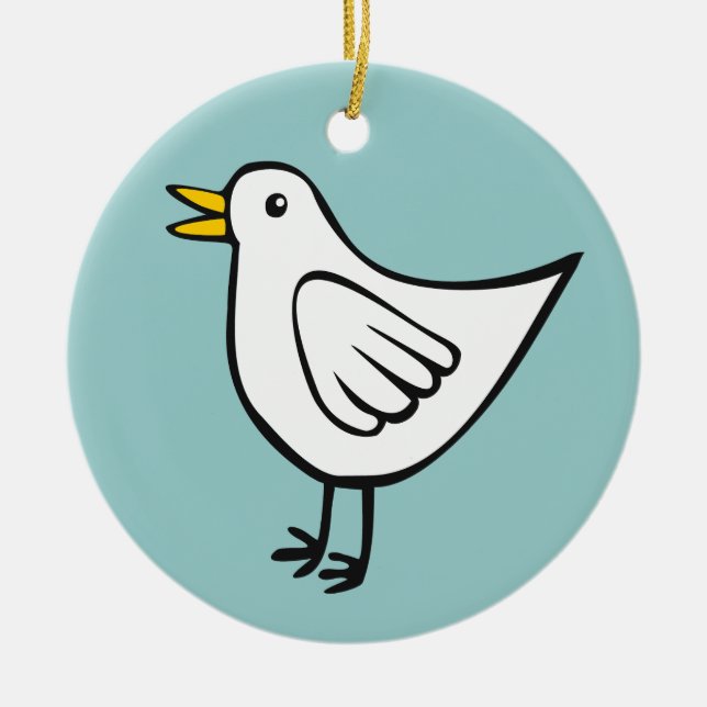Happy Bird - White on Ocean Green Ceramic Ornament (Front)
