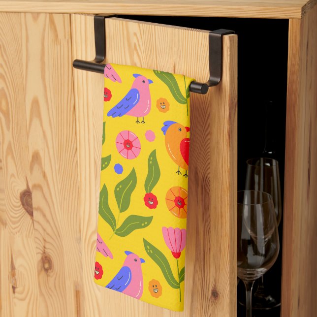 Happy Birds Flock Together Cheerful  Kitchen Towel (Thirds Fold)