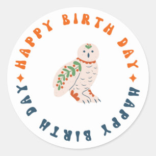 happy birth day wild owl round sticker