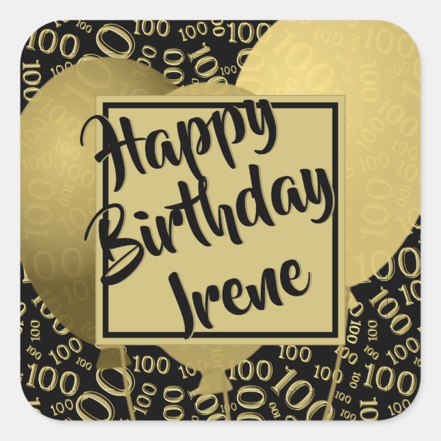 Happy Birthday - 100 Black/Gold Number Pattern Square Sticker (Front)
