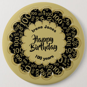 Happy Birthday, 100th Gold/Black Number Pattern 6 Inch Round Button