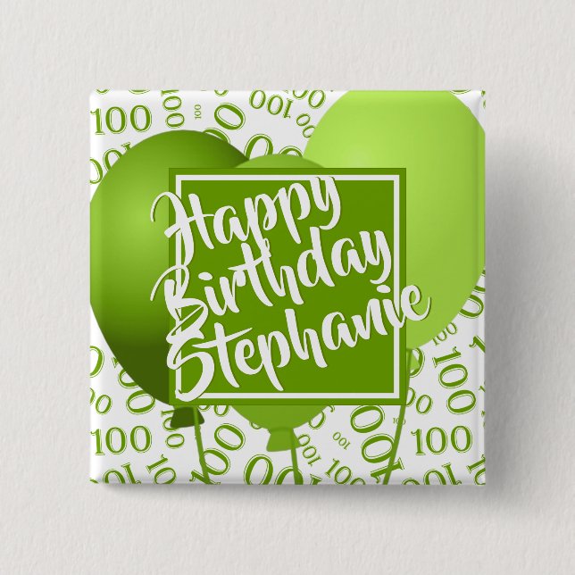 Happy Birthday 100th Number Pattern Green/White 2 Inch Square Button (Front)