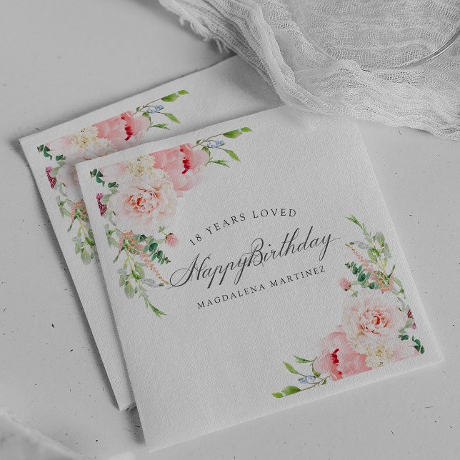 Happy Birthday 18 Years Loved Pink Floral Custom Napkin (Creator Uploaded)