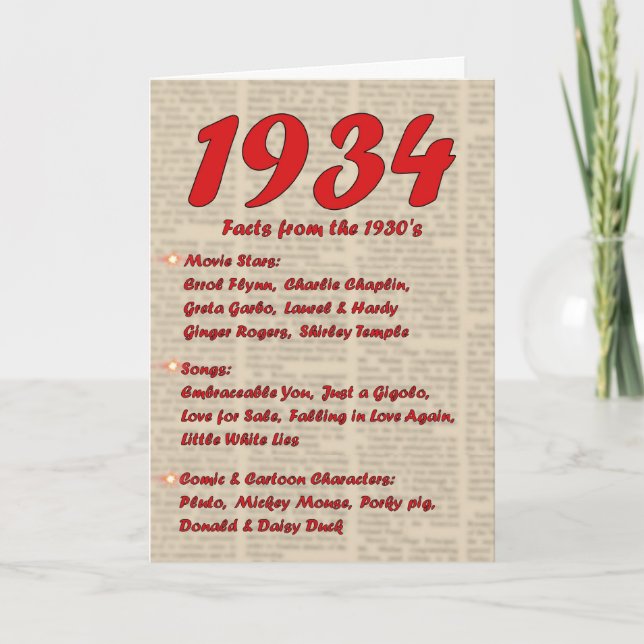 Happy Birthday 1934 Year of Birth 30's 30s thirtie Card (Front)