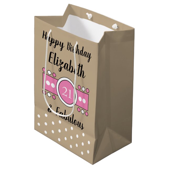 Happy Birthday 21 and fabulous brown pink Medium Gift Bag (Front Angled)