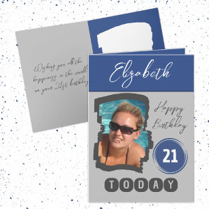 Happy birthday 21 today add photo grey blue card