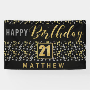 Happy Birthday 21 with Name Black and Gold Banner