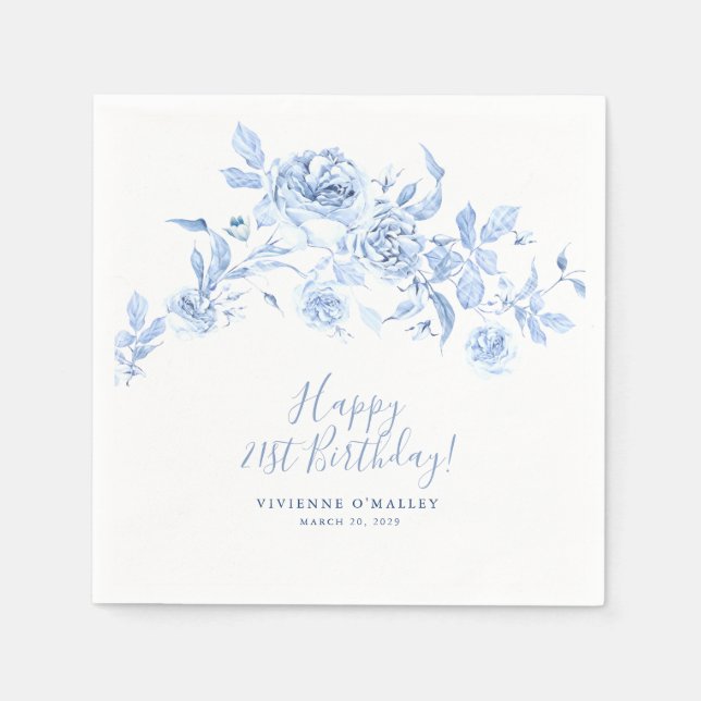 Happy Birthday 21st Blue Rose Floral Custom Napkin (Front)