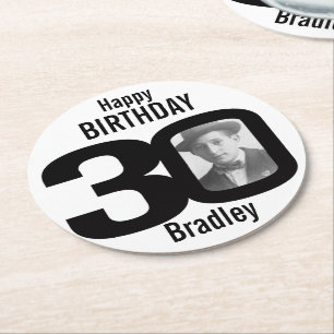 Happy birthday 30 name and photo paper coasters