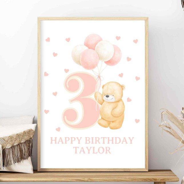 Happy Birthday 3 year old Girl Pink Balloon custom Poster (Birthday sign for 3 year old, Pink Balloons and bear for 3rd birthday, Girly personalized birthday)
