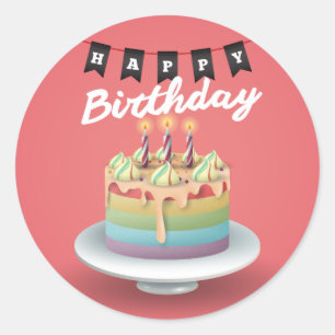 Happy Birthday 3D cake black bunting Classic Round Sticker