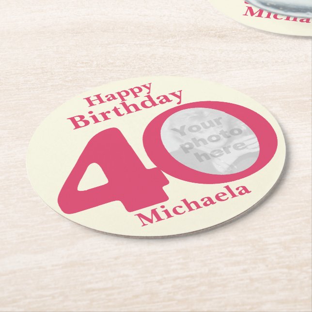 Happy birthday 40 name and photo paper coasters (Angled)