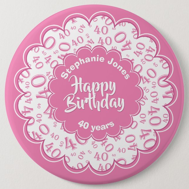 Happy Birthday, 40th Pink/White Number Pattern 6 Inch Round Button (Front)