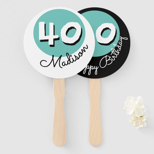 Happy Birthday 40th Teal Custom Name Hand Fan (Front and Back)
