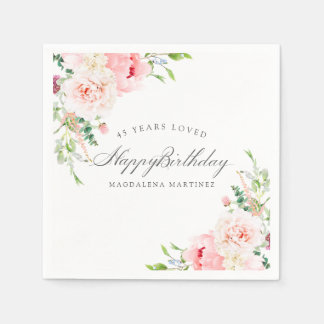 Happy Birthday 45th Pink Floral Custom Cocktail Napkin