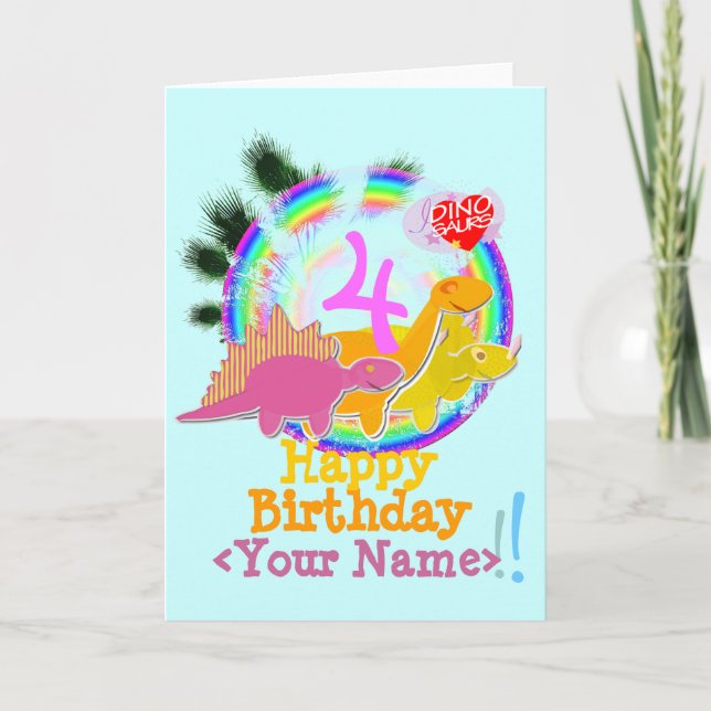 Happy Birthday 4 Years, Your Name Dinos Card (Front)
