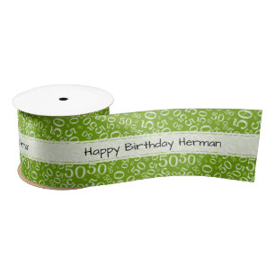 "Happy Birthday" 50 Number Pattern Green and White Satin Ribbon
