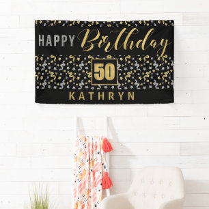 Happy Birthday 50 with Name Black and Gold Banner