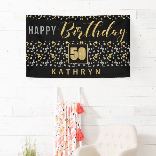 Happy Birthday 50 with Name Black and Gold Banner (Insitu)