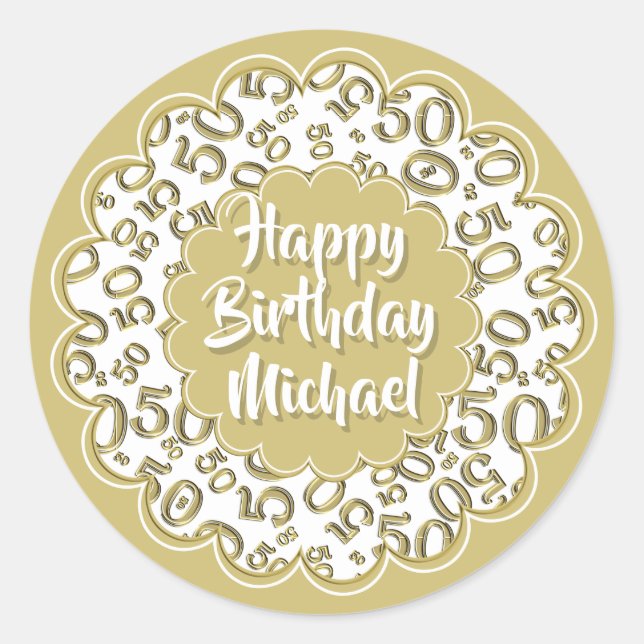 Happy Birthday 50th Cool Number Pattern Gold/White Classic Round Sticker (Front)