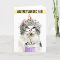 Happy Birthday 50th Funny Old Lady Cat in Hat