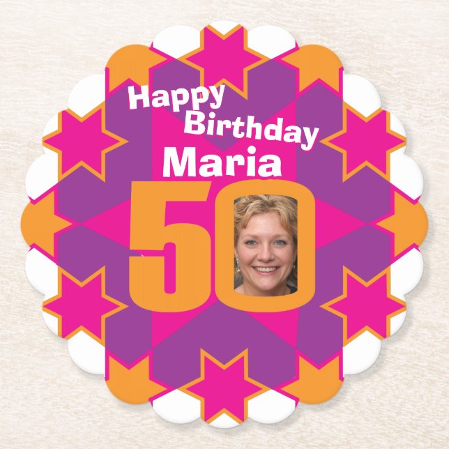 Happy birthday 50th name and photo paper coasters (Front)