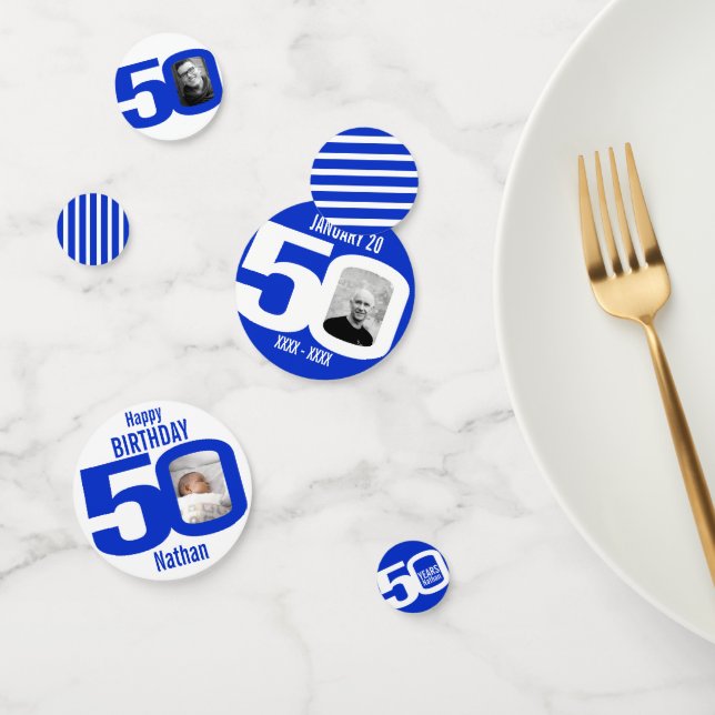 Happy birthday 50th name photo blue white confetti (Group)