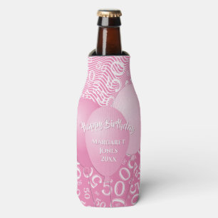 Happy Birthday 50th Number Pattern Pink and White Bottle Cooler