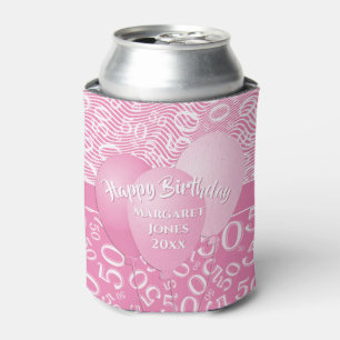 Happy Birthday 50th Number Pattern Pink and White Can Cooler