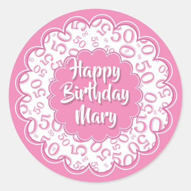 Happy Birthday 50th Number Pattern Pink and White Classic Round Sticker (Front)