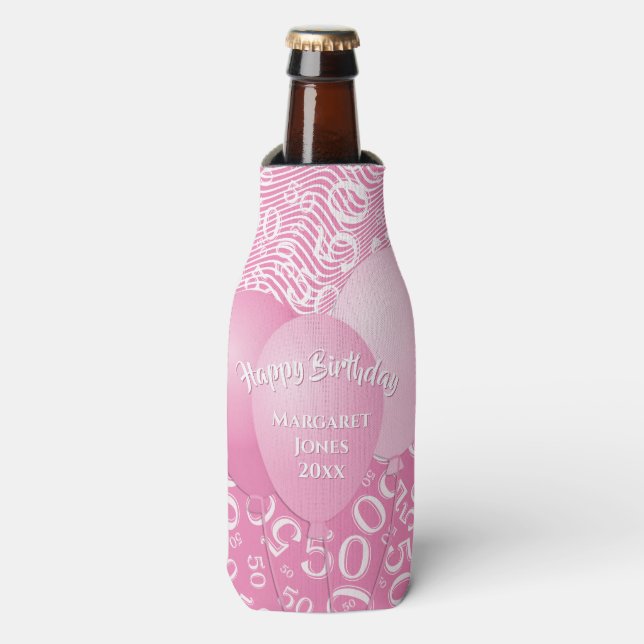 Happy Birthday 50th Number Pattern Pink/White 50 Bottle Cooler (Bottle Front)