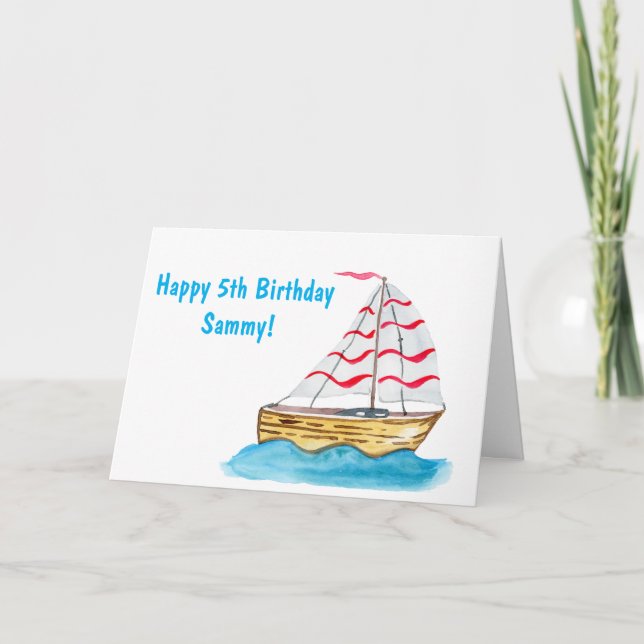 Happy Birthday 5th Watercolor Sail Boat Card (Front)