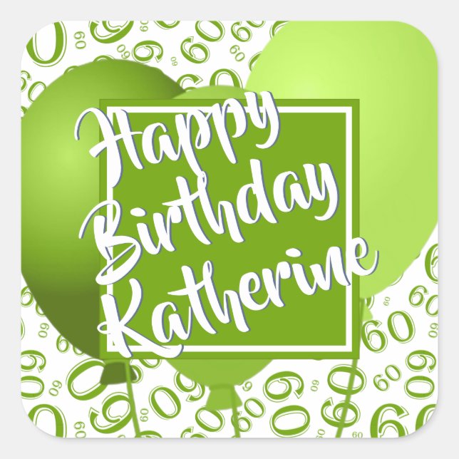 Happy Birthday - 60 Green/White Number Pattern Square Sticker (Front)