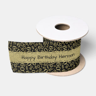 "Happy Birthday" 60 Number Pattern Gold and Black Satin Ribbon