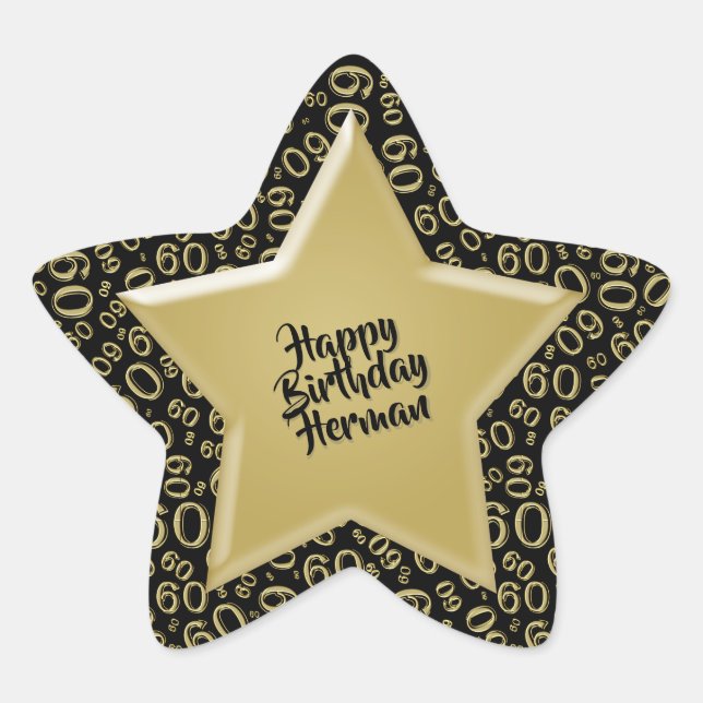 Happy Birthday: 60 Number Pattern Gold and Black Star Sticker (Front)