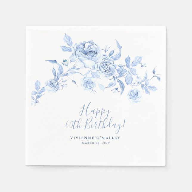 Happy Birthday 60th Blue Rose Floral Custom Napkin (Front)
