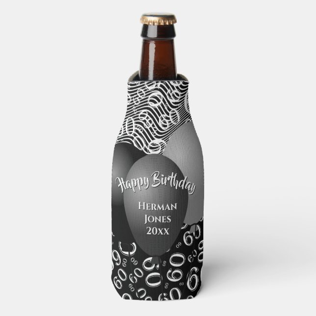 Happy Birthday 60th Number Pattern Black and White Bottle Cooler (Bottle Front)