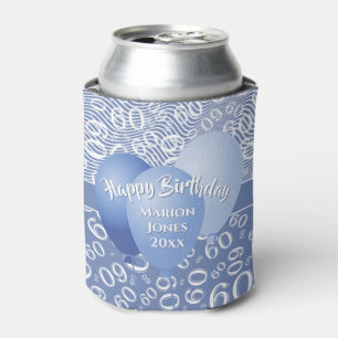 Happy Birthday 60th Number Pattern Blue and White Can Cooler