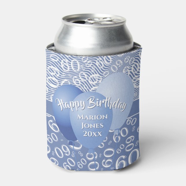 Happy Birthday 60th Number Pattern Blue and White Can Cooler (Can Front)