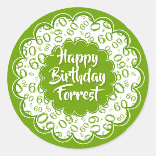 Happy Birthday 60th Number Pattern Green and White Classic Round Sticker