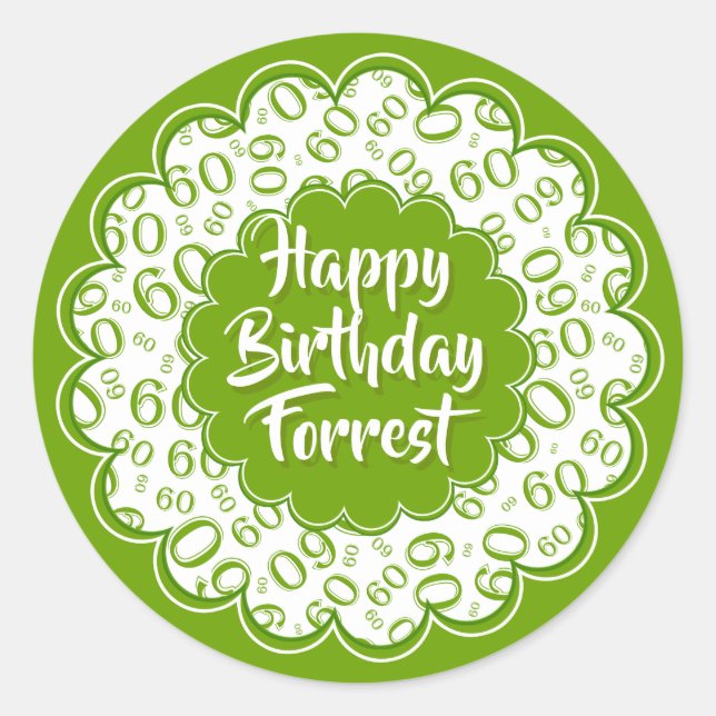 Happy Birthday 60th Number Pattern Green and White Classic Round Sticker (Front)
