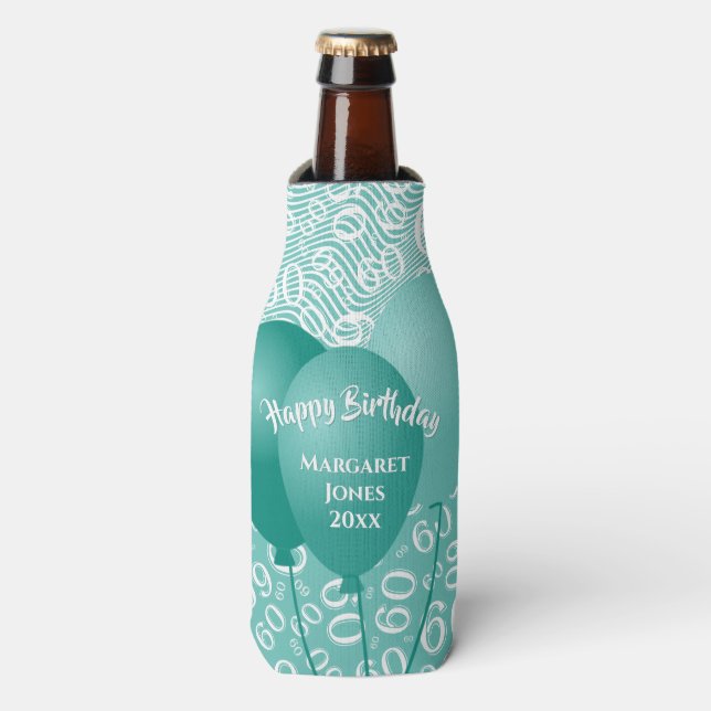 Happy Birthday 60th Number Pattern Teal and White Bottle Cooler (Bottle Front)