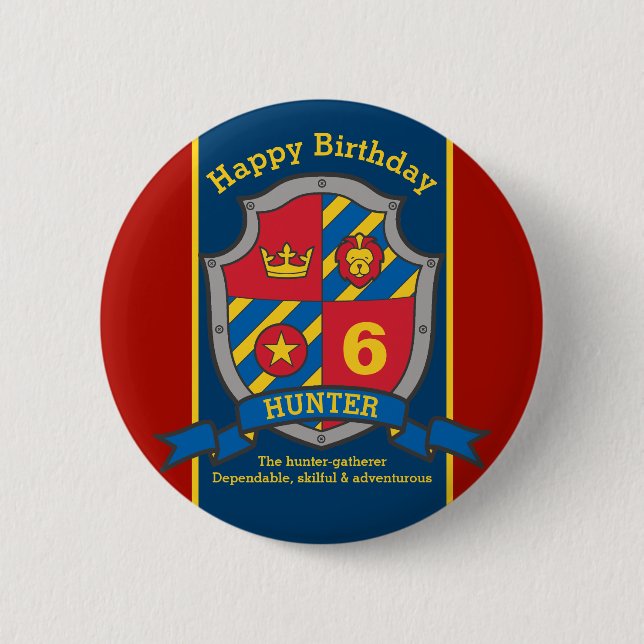 Happy Birthday 6th red blue knights shield age pin (Front)