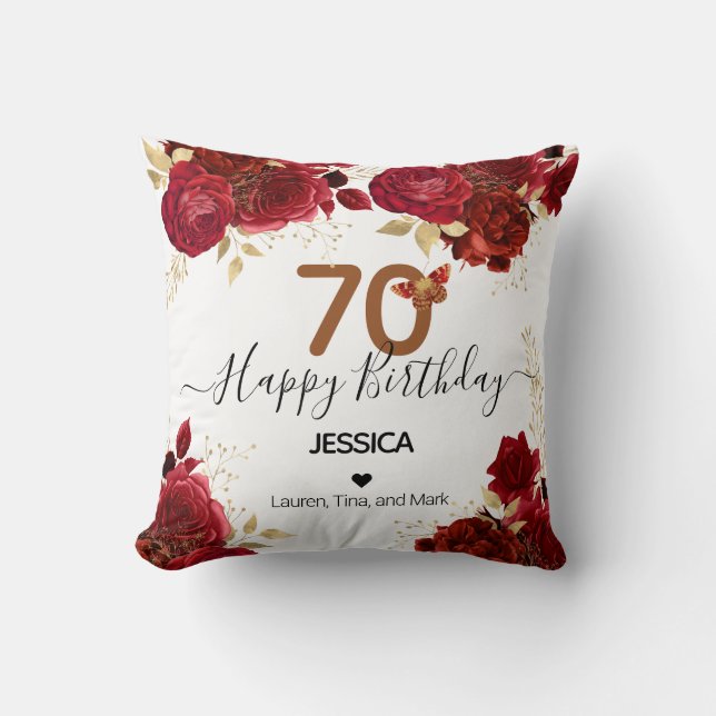 Happy Birthday 70 Floral Roses Personalized Throw Pillow (Front)