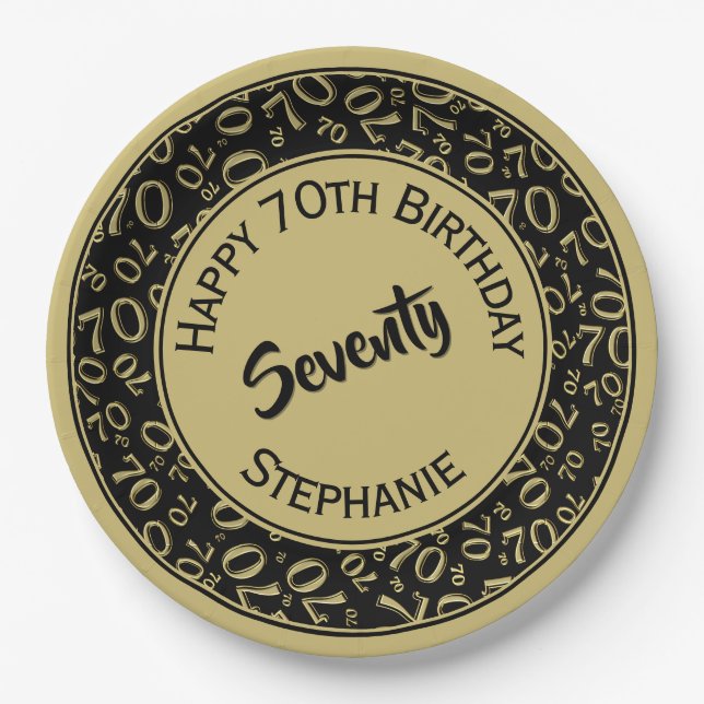 Happy Birthday 70th Black/Gold Number Pattern Paper Plate (Front)