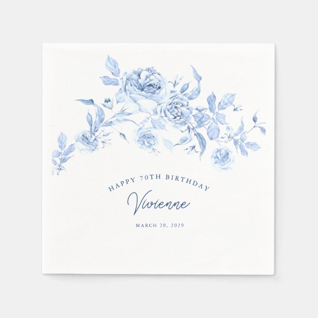 Happy Birthday 70th Blue Rose Floral Custom Napkin (Front)