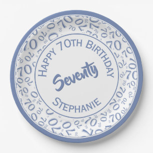 Happy Birthday 70th Blue/White Number Pattern Paper Plate